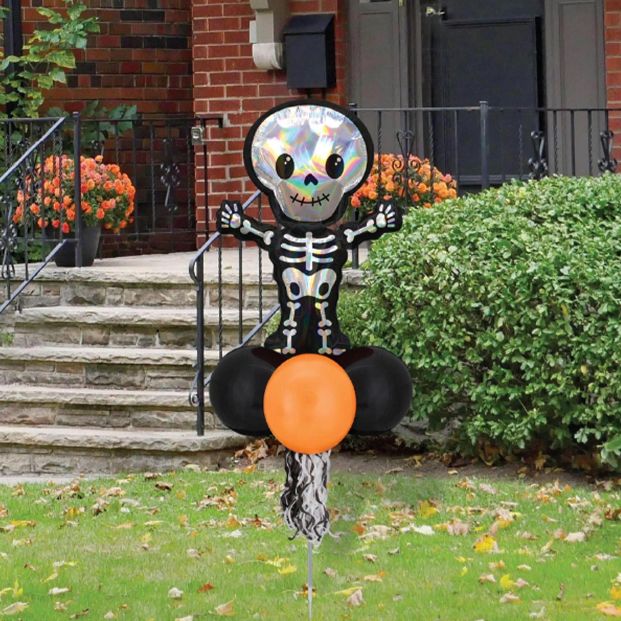 Party City Yard Stakes & Signs|Air-Filled Iridescent Skeleton Foil & Latex Balloon Yard Sign, 64In