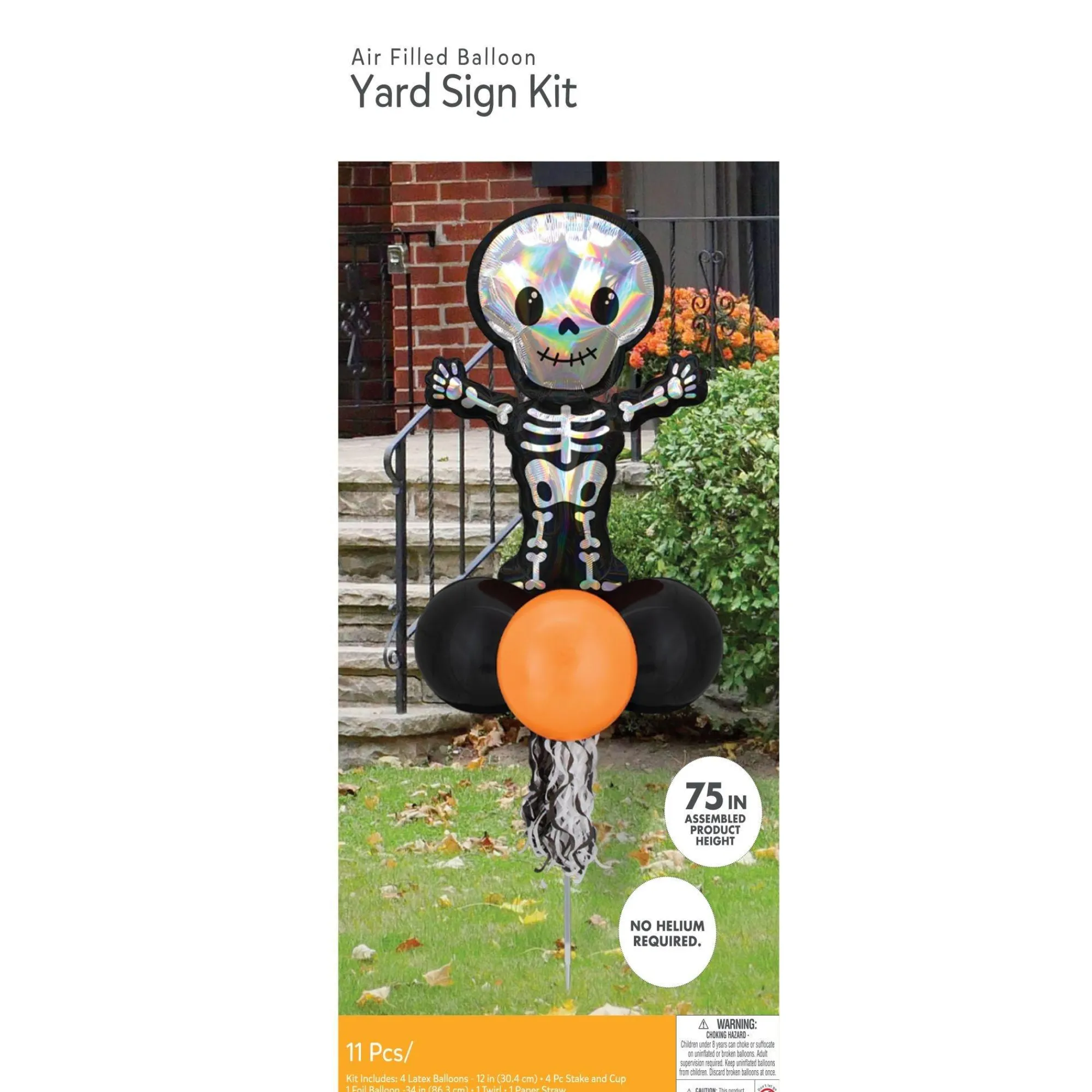Party City Yard Stakes & Signs|Air-Filled Iridescent Skeleton Foil & Latex Balloon Yard Sign, 64In