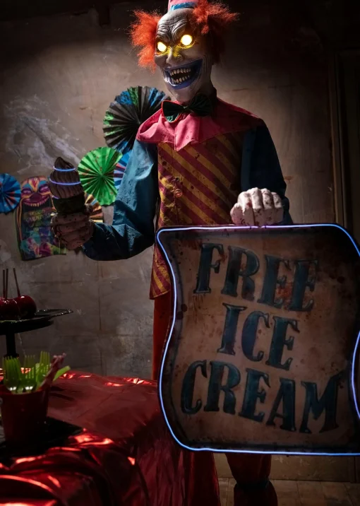 Party City Animatronics|Animatronic Light Up Talking Neon Ice Cream Clown, 6Ft