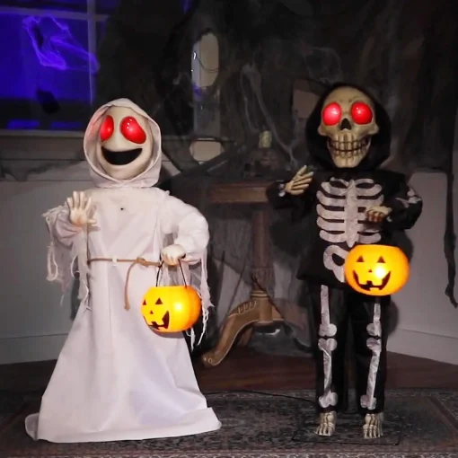 Party City Animatronics|Animatronic Light-Up Talking Ghost & Skeleton Trick-Or-Treaters Decoration, 21In X 36In