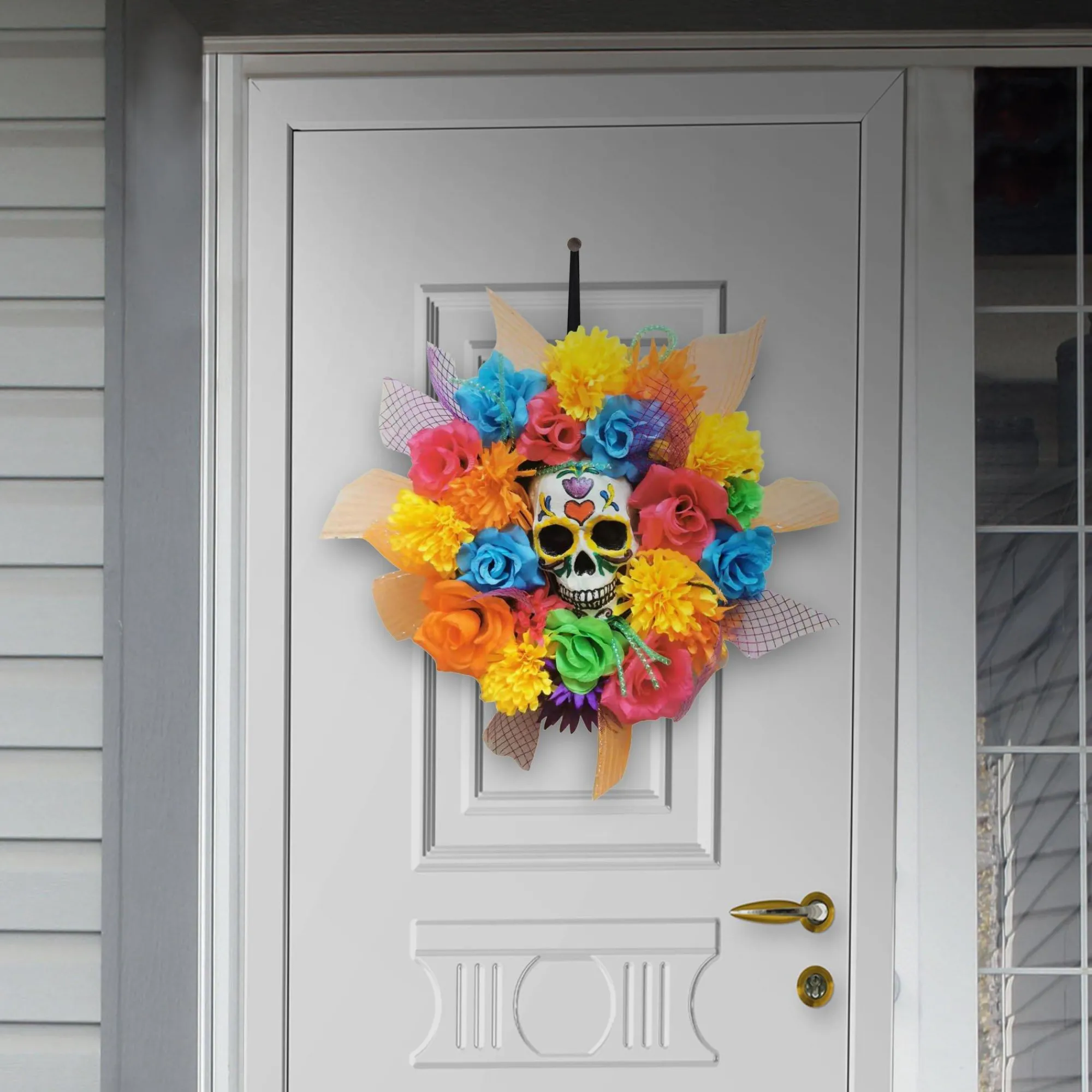 Party City Home Décor|Colorful Floral Calavera Day Of The Dead Wreath, 17In