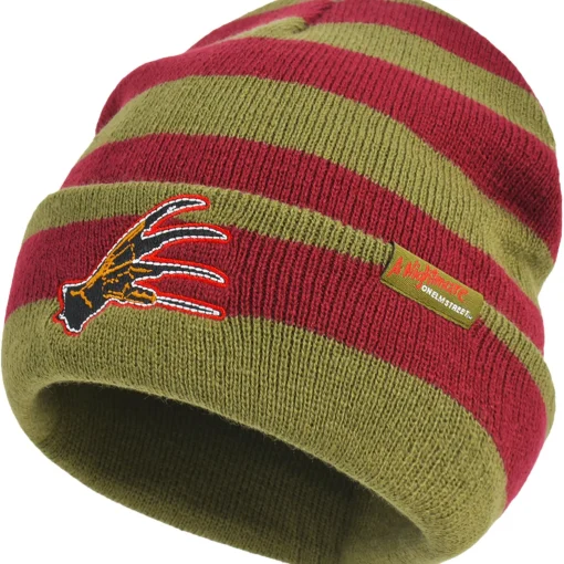 Party City Scary-Green & Red Embroidered Freddy Krueger Glove Striped Acrylic Knit Beanie - A Nightmare On Elm Street