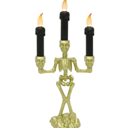 Party City Skeletons|Light-Up Gold Skeleton Plastic Candelabra, 6.3In X 14In
