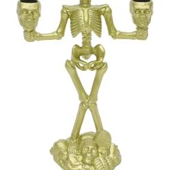Party City Skeletons|Light-Up Gold Skeleton Plastic Candelabra, 6.3In X 14In