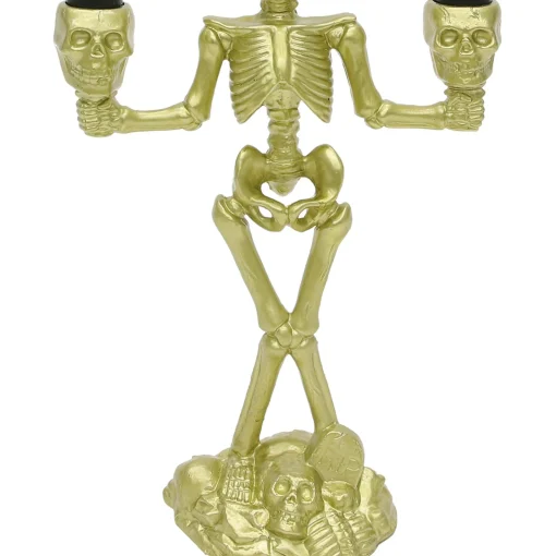Party City Skeletons|Light-Up Gold Skeleton Plastic Candelabra, 6.3In X 14In
