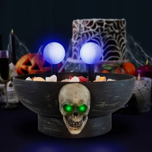 Party City Wicked Haunting|Light-Up Motion-Activated Electrode Skull Halloween Plastic Candy Bowl With Sounds, 8.5In X 7In