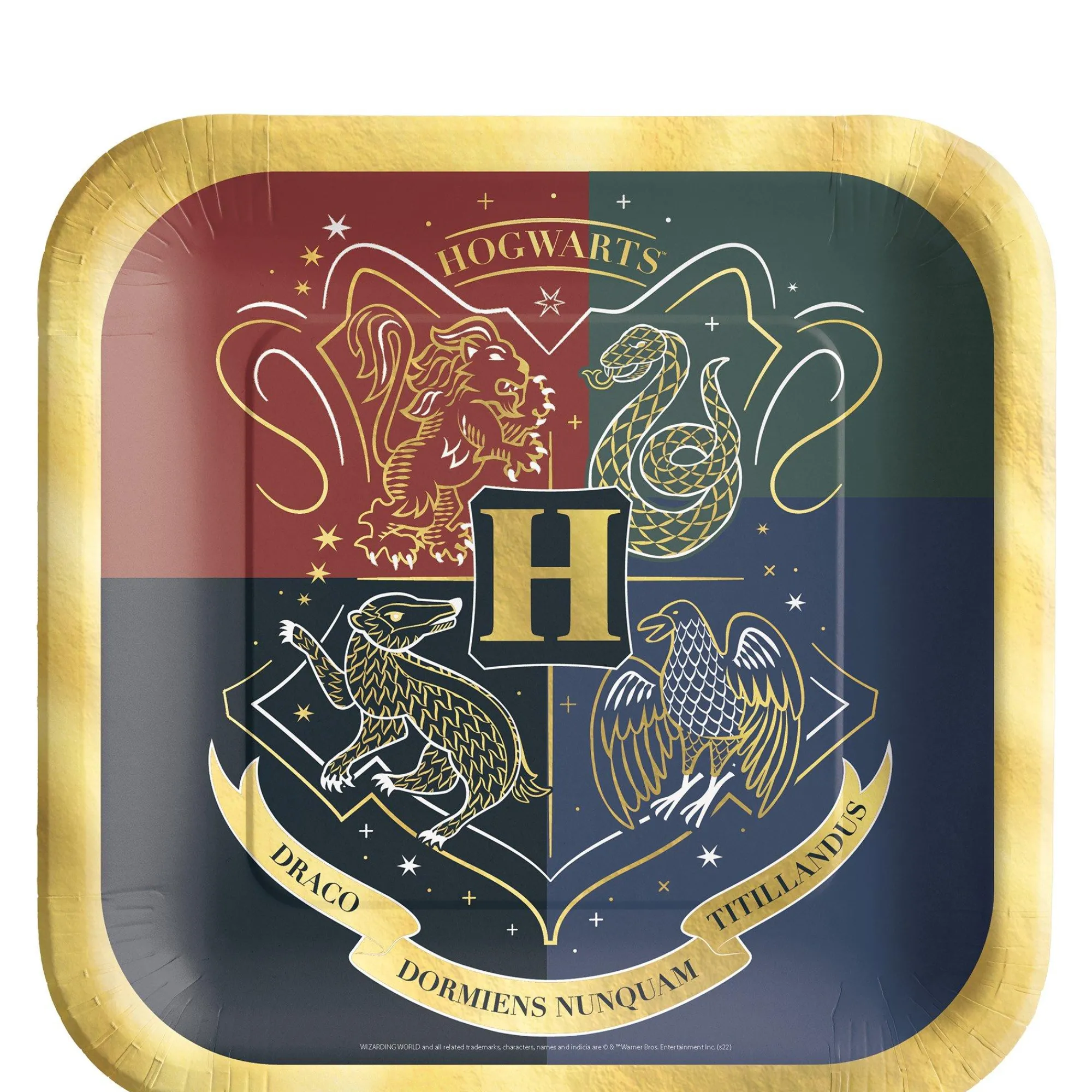 Party City Harry Potter Hogwarts|Metallic Hogwarts United Square Paper Dessert Plates, 7In, 8Ct - Harry Potter