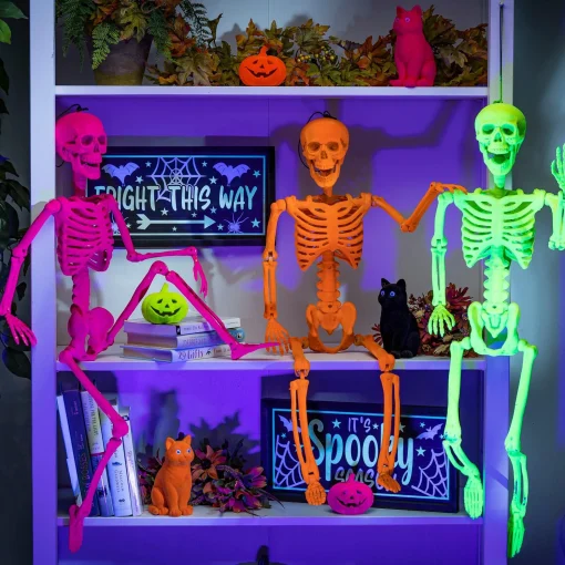 Party City Window & Wall Décor|Neon Pink Black Light Reactive Flocked Skeleton Hanging Decoration, 36In