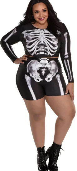 Party City Sexy-Plus Size Skeleton Crop Top & Biker Shorts Set For Adults