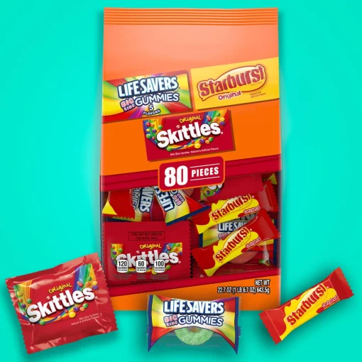Skittles,Starburst Bulk Candy-Skittles, Starburst, & Life Savers Gummies Fun Size Variety Bag, 22.7Oz, 80Pc