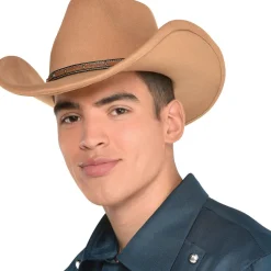 Party City Hats-Tan Cowboy Hat With Faux Leather Trim, One Size